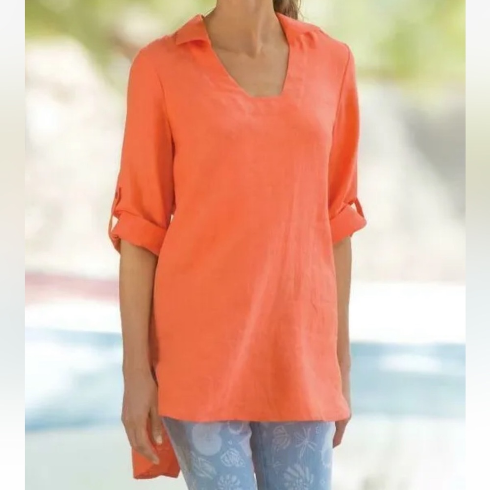 Soft Surroundings Morgana Linen Tunic Fiery Orange Size S Collared Hi Lo Button